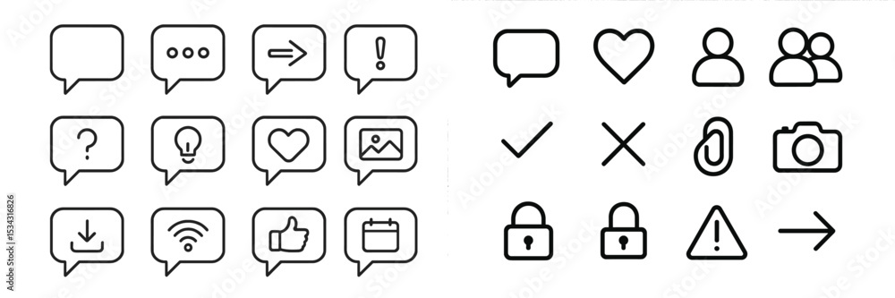 Poster vector flat illustration of various communication icons and symbols used in digital platforms for in