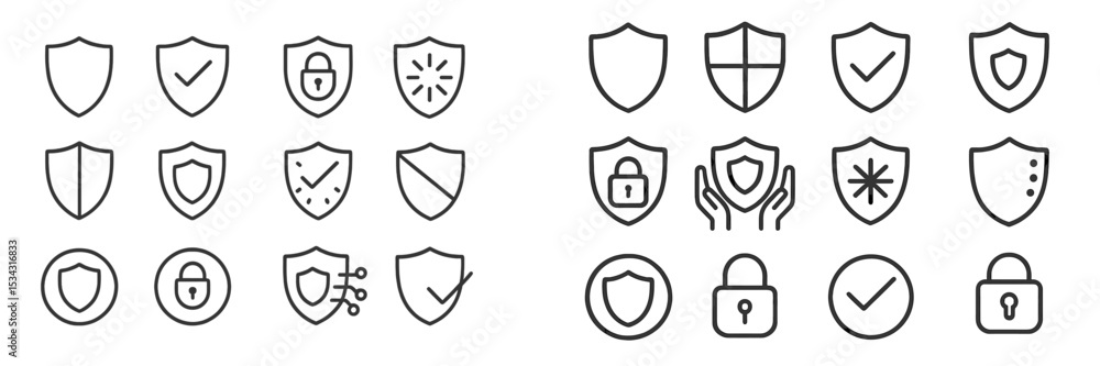 Poster multiple shield icons representing security, protection, and trust in various styles and designs for