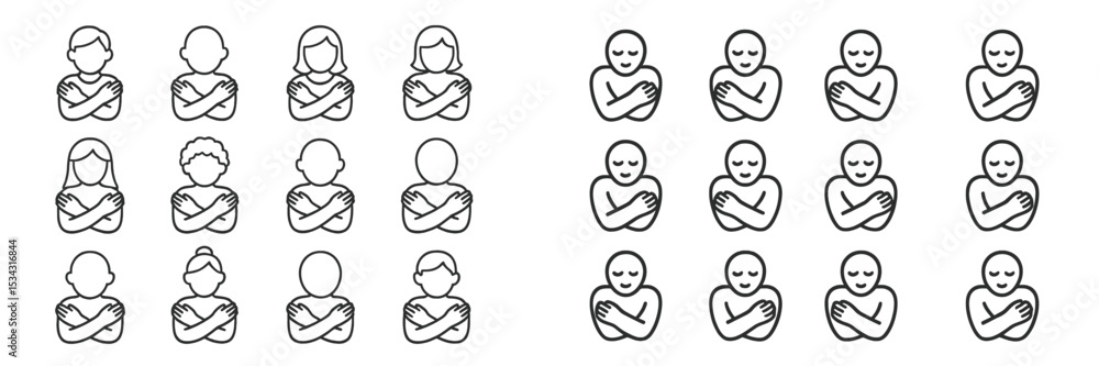 Poster vector flat illustration of diverse people crossing arms and expressing different emotions in a mini