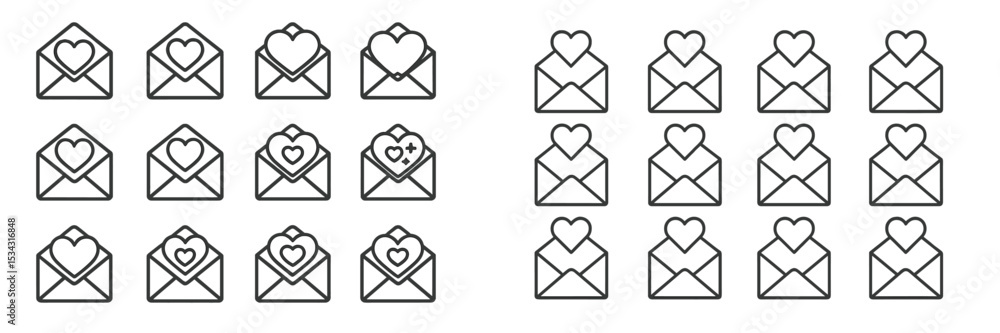 Poster flat vector illustration of envelopes with heart designs in a playful arrangement for festive occasi