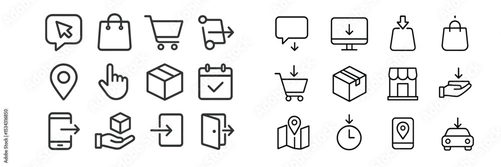 Poster collection of vector flat icons representing e-commerce activities and digital communication element