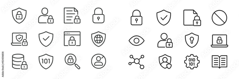 Poster Flat vector illustration of various security icons representing data protection and privacy concepts in a modern digital environment