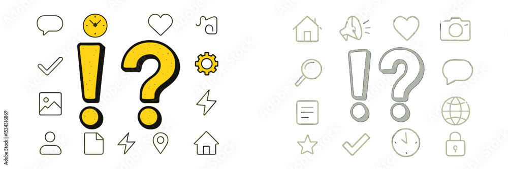 Poster creative vector flat illustration of question marks and icons representing curiosity, exploration, a