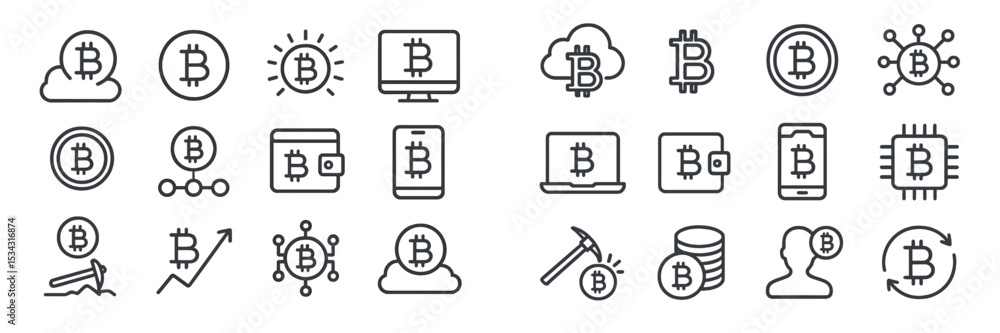 Poster Variety of bitcoin related icons illustrating digital currency concepts in a flat vector style