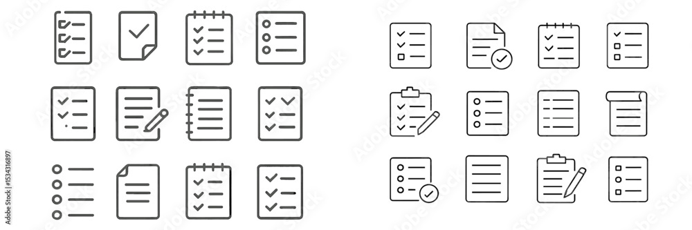 Poster Collection of flat vector illustrations depicting various checklist and note-taking designs for organizing tasks
