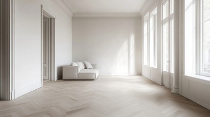 Obraz premium Empty, sunlit, white room with a light beige couch
