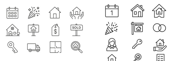 Fototapeta premium Vector flat illustration depicting various elements related to real estate transactions, home sales, and property management