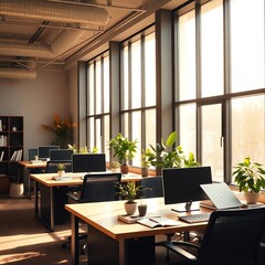 Modern office workspace with plants and natural light