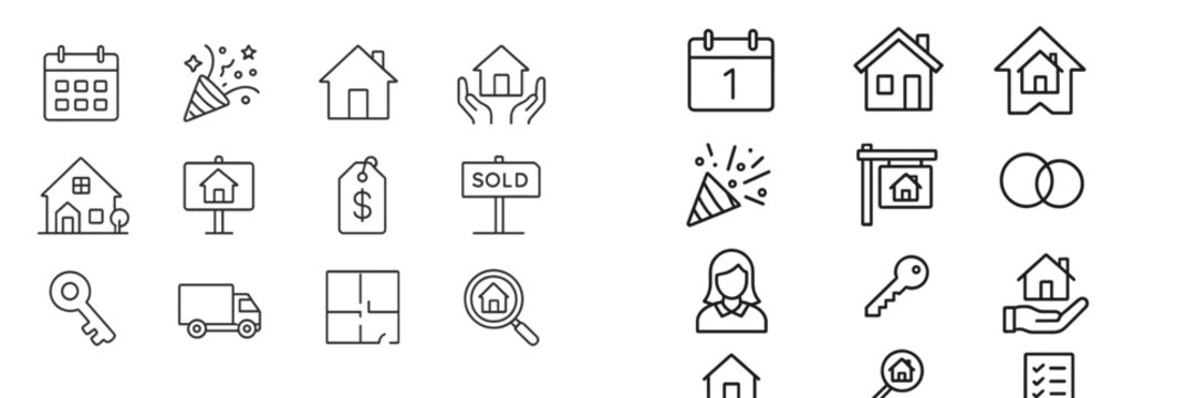 Vector flat illustration depicting various elements related to real estate transactions, home sales, and property management