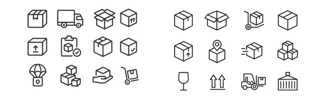 Collection of vector flat illustrations depicting various delivery and packaging icons for logistics and shipping services