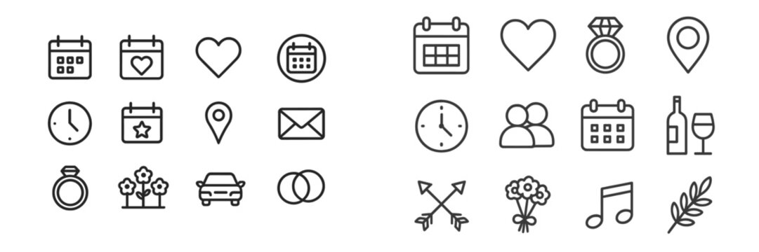 Vector flat illustration of various icons related to events, love, and celebrations suitable for invitations and decor designs