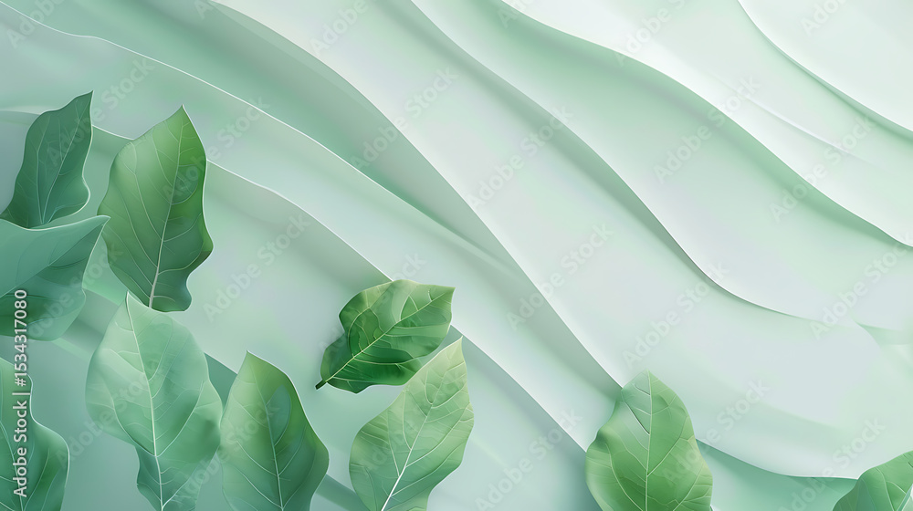 Aufkleber a serene abstract background with flowing mint green waves and fresh green leaves creating a calming