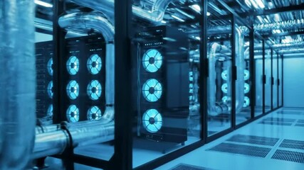 Server room data center with blue lights rows of computers and cooling system - Powered by Adobe