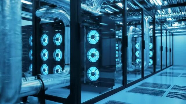 Server room data center with blue lights rows of computers and cooling system - Powered by Adobe