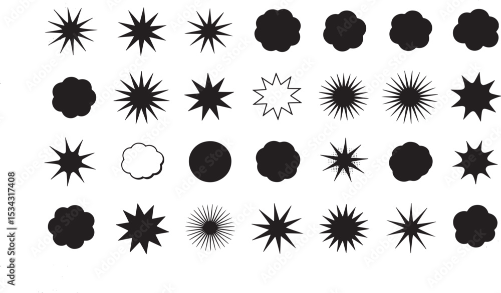 Poster celestial symbols: an array of star and sun shapes, representing various concepts in minimalist silh