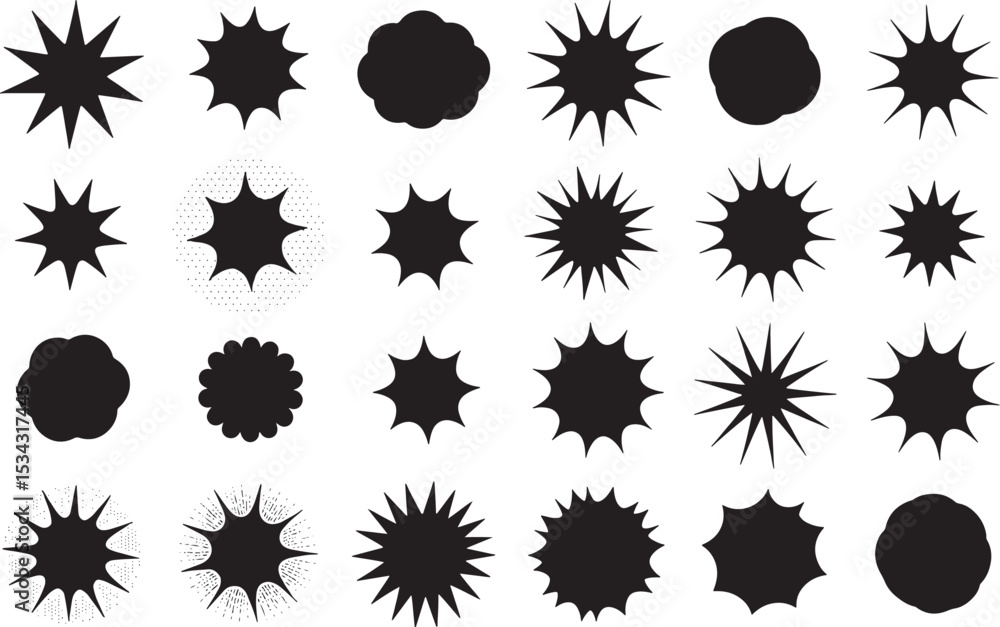 Poster silhouette starburst array: a collection of black starburst silhouettes, each with unique shapes and