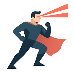 Superhero Man Wearing Blue Costume Red Cape Shooting Laser from Eyes in Dynamic Action
