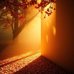 Luminous autumn scene with sunlight and colorful leaves