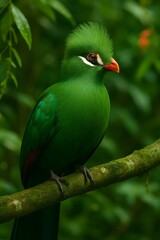 Obraz premium Vibrant Green Bird with Striking Red Beak and Crest Perched on a Branch in Lush Forest