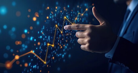 Businessman points at a digital upward trend