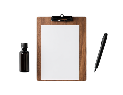 Wooden clipboard with blank paper, dark bottle, and pen