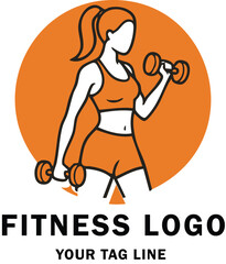 Fitness Logo with Walking Figure Holding Dumbbells Inside Orange Circle Badge