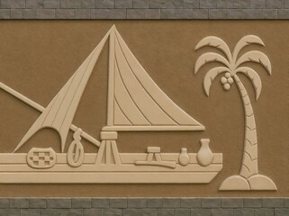 Brazilian Potiguar boat and coconut tree high-relief on masonry wall, depicting northeastern fishing culture