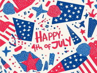 Obraz premium Festive Memphis Style Abstract Art Celebrating the 4th of July with Bold Red, White, and Blue Geometric Shapes and Firework Motifs