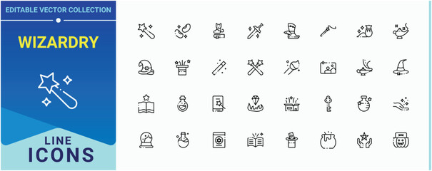 Wizardry line icon set. Pack of entertainment, wizard, trick, magician, wand, magical and more. Magic icon set. Minimalist editable vector stroke. Editable vector illustration.