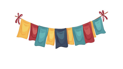 An illustration of a string of colorful fabric bunting.  The bunting is composed of rectangular pieces of fabric in various shades of yellow, red, teal, and navy blue. The fabric pieces are