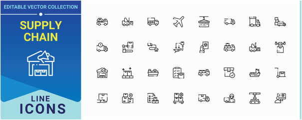 Supply Chain line icon set. It contains symbols to logistic, export, package, pack, logistics, tracking, train. Logistics line icon set. Icons for UI designs. Vector artwork and illustration.
