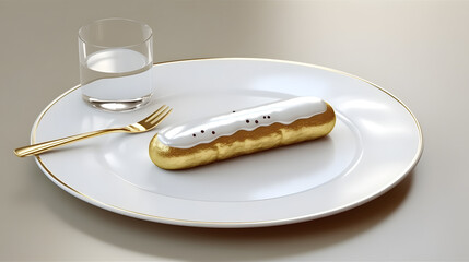 Eclair with White Icing Served on Elegant Plate with Glass of Water