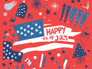 Obraz premium Bold Memphis Style 4th of July Poster with Dominant Red Background, Blue and White Accents, and Central “4th of July” Typography