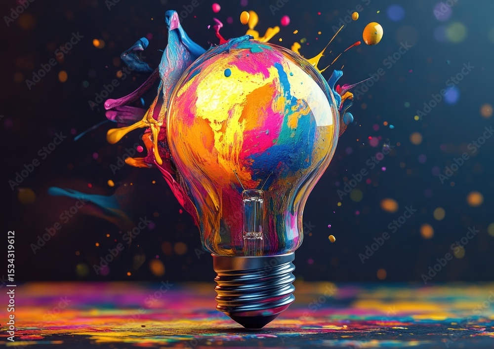 Poster a vibrant lightbulb exploding with splashes of color