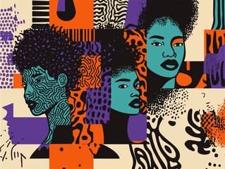 Memphis Style Abstract Art of Three African Women’s Heads Posing Seriously with Tosca, Orange, and Dark Purple Color Accents
