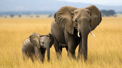 Two elephants in a golden savanna