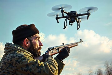 Fototapeta premium Man aiming rifle at drone in a cloudy sky during daylight 
