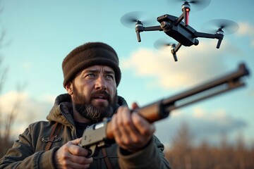 Fototapeta premium Hunter aiming firearm while observing drone in outdoor setting 