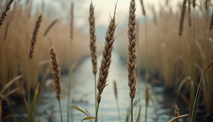 Fototapeta premium Wheat stalks in a field with a waterway in the background.