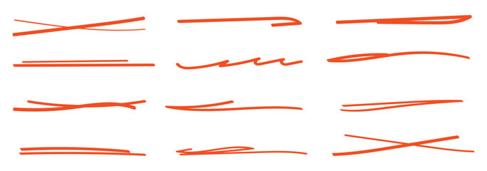 A set of strikethrough underlines. Orange brush stroke underline. Marker pen highlight stroke. Vector swoosh brush underline set for accent, marker emphasis element. eps10