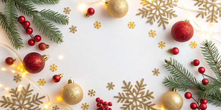 Christmas background featuring fir branches, red and gold ornaments, snowflakes, and glowing lights, creating a festive frame with copy space for holiday greetings