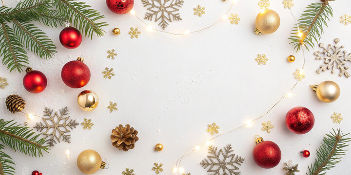 Christmas background featuring fir branches, red and gold ornaments, snowflakes, and glowing lights, creating a festive frame with copy space for holiday greetings