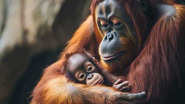 Close-up of an orangutan mother and baby