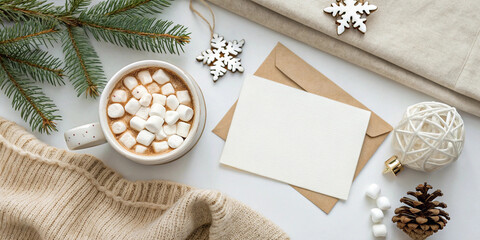 Christmas and new year greeting card mockup featuring a cozy scene with hot chocolate topped with marshmallows, fir tree branches, pine cones, and a gift box on a white background