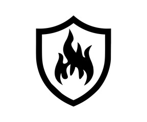 Fire protection shield safety icon. Shield with fire sign, protection illustration on transparent background. 

