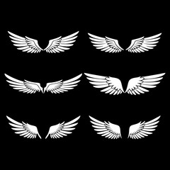 Set of detailed white angel wings on black background