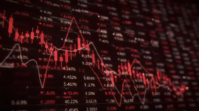 Red warning sign over financial graphs and stock market data, showing a crisis or recession concept footage.