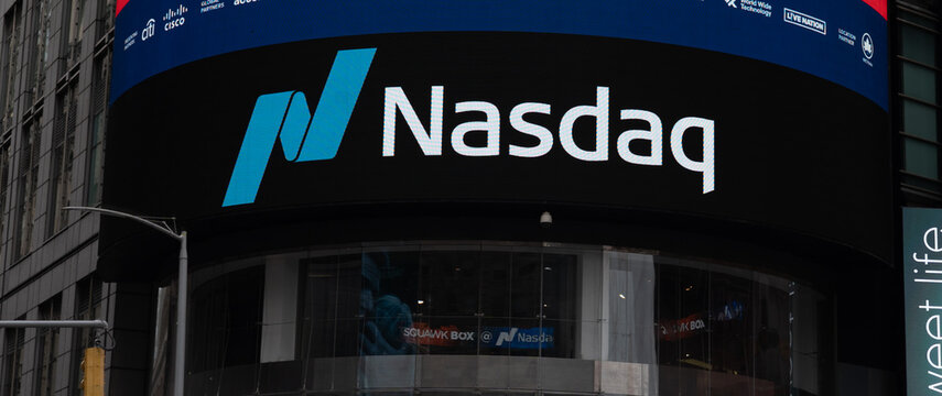 New York, NY, USA - August 21, 2022: The NASDAQ Nasdaq sign on the building at Stock Exchange headquarters in New York, USA