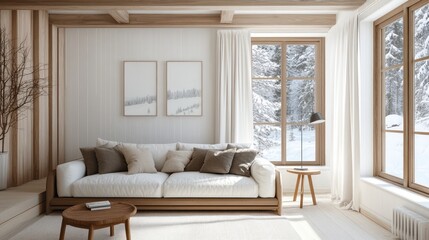 Fototapeta premium Cozy winter living room with wooden accents