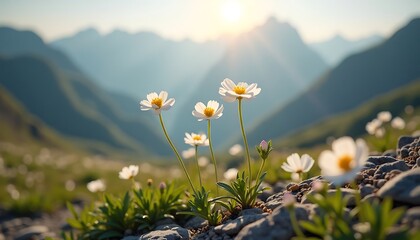 White Mountain Avens bloom in mountain landscape at sunrise.